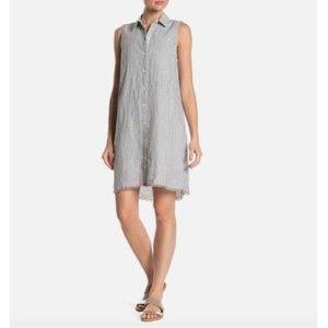 beachlunchlounge Small Fringe Hem Linen & Cotton Striped Shift Midi Dress